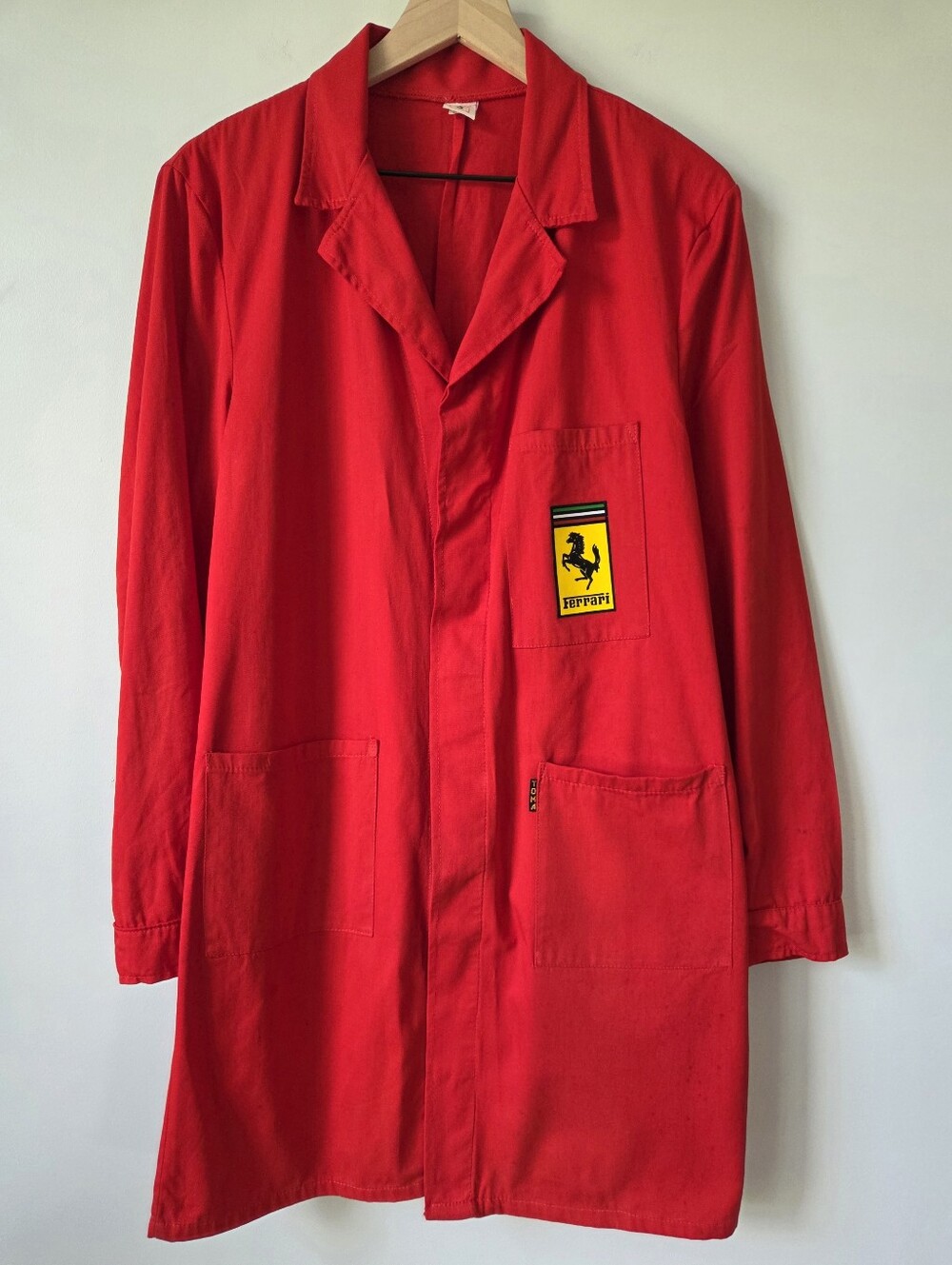 Vintage Ferrari Red Mechanic Shop Coat Chore Jacket with Logo Mens Size Small